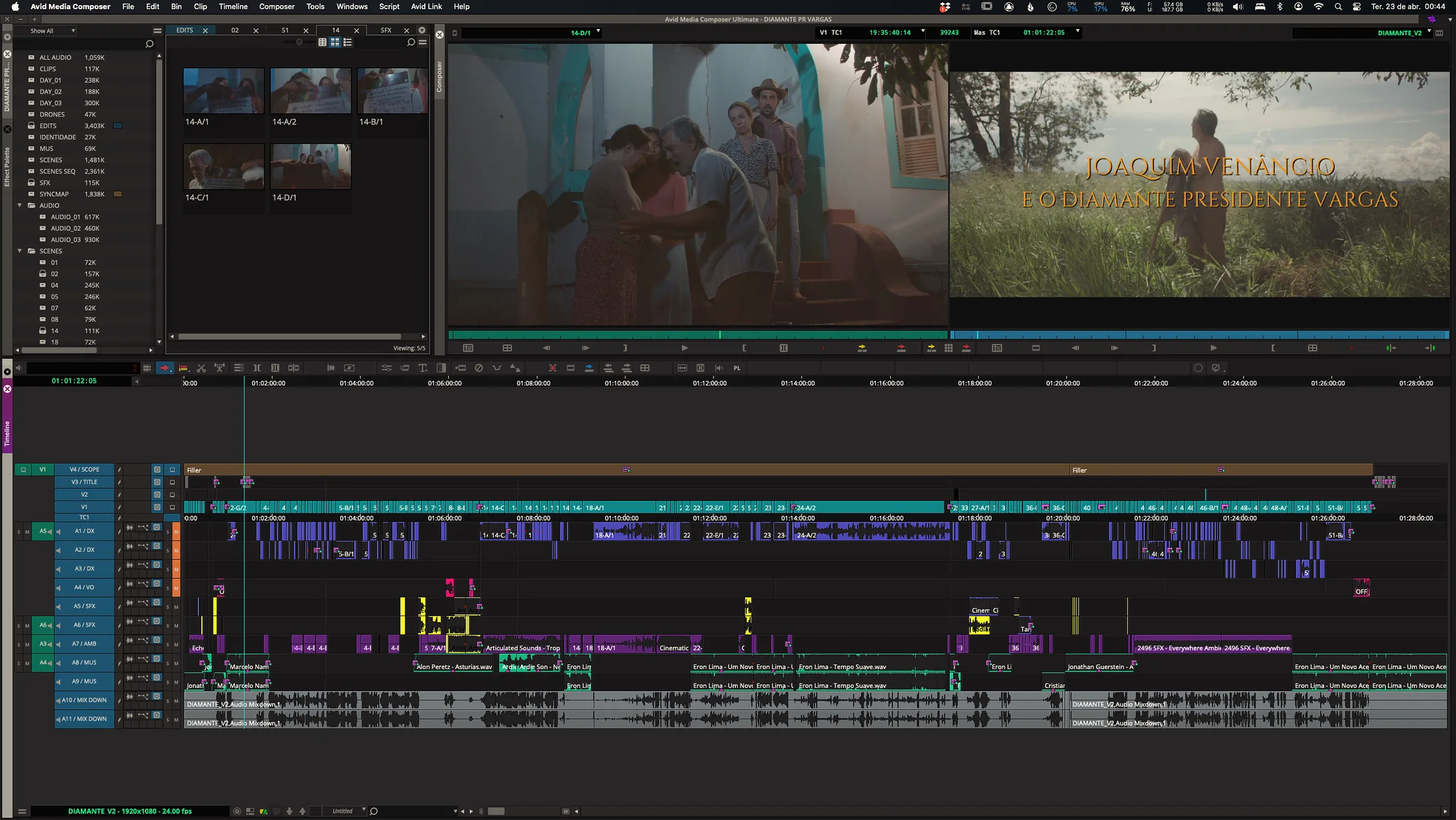 Timeline de Joaquim Venâncio no Avid Media Composer